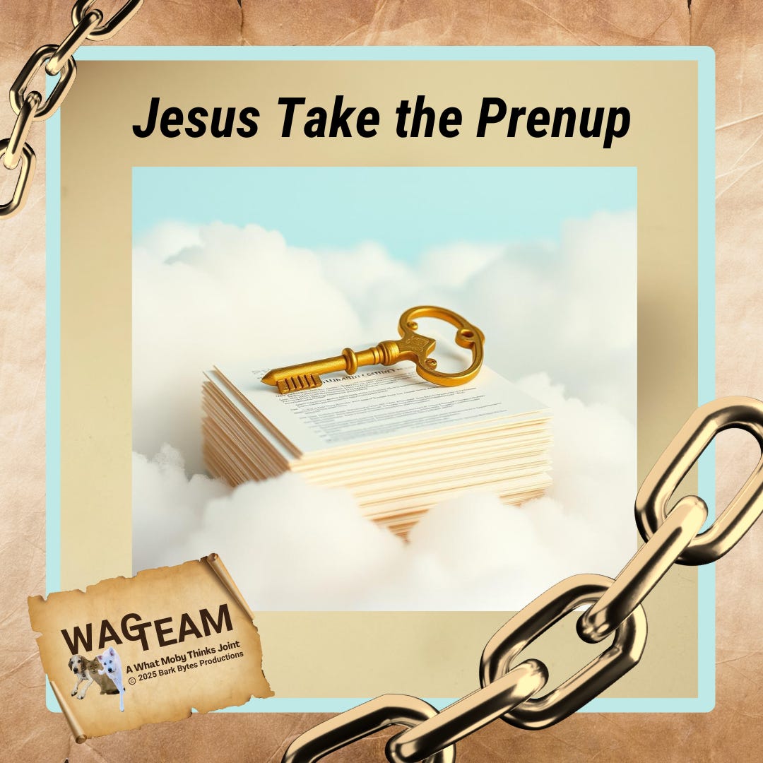 A surreal image of a golden key resting atop a thick stack of legal documents floating in clouds, framed by heavy chains. The WAG Team logo appears on aged parchment, creating an ironic contrast between divine imagery and legal bureaucracy.