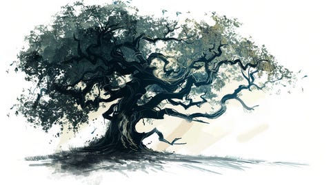 Classic oak tree clipart with a little impressionism style.