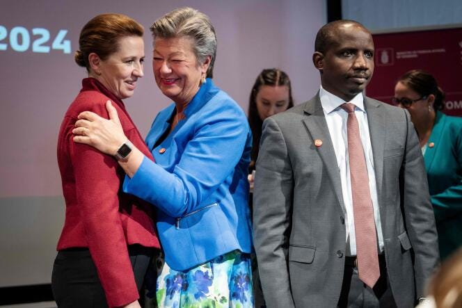 Danish Prime Minister Mette Frederiksen (left) with European Commissioner for Home Affairs and Migration Ylva Johansson at an international conference on migration in Copenhagen, May 6, 2024.