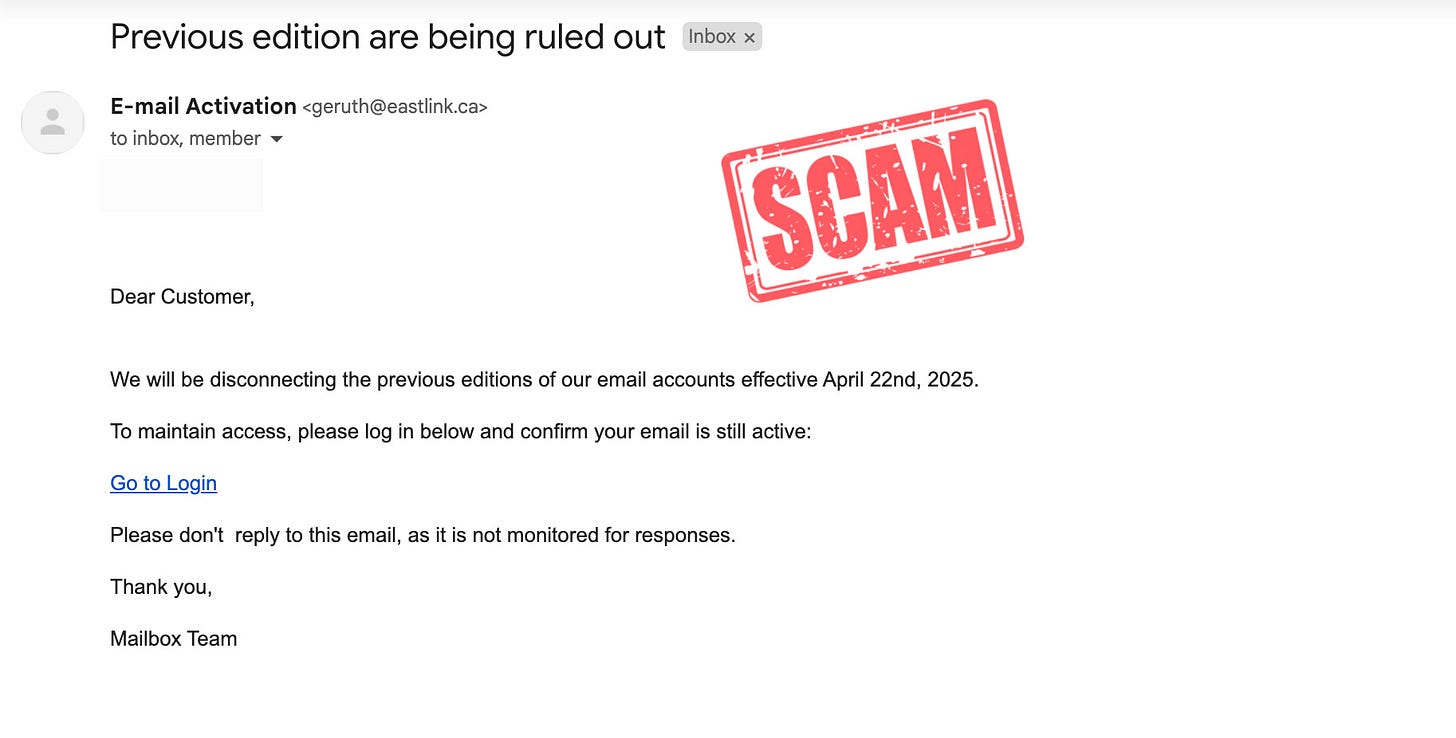 Screesnot of scam email claiming that you must click a link to maintain access to your email account.