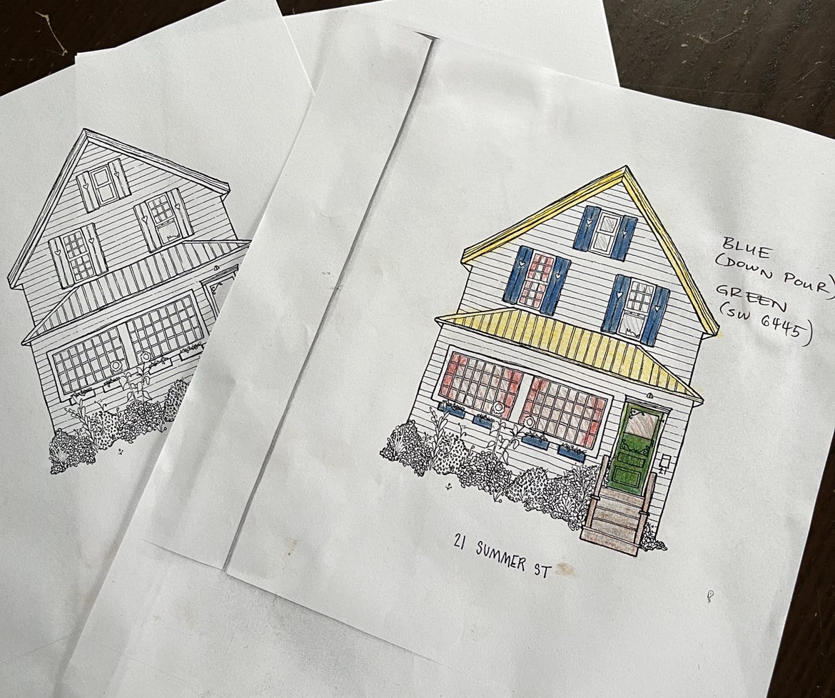 printed sheets with a simple line drawing of a cute house. one of the copies has been coloured with pencil crayon with notesin the margin about paint colours