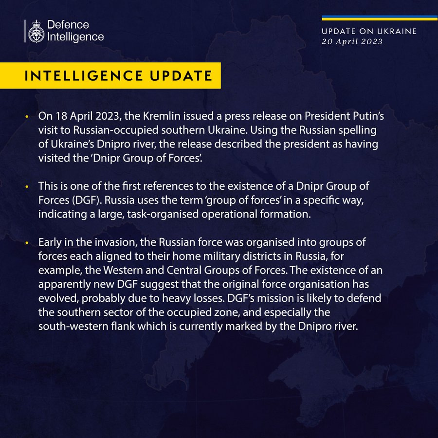 Latest Defence Intelligence update on the situation in Ukraine - 20 April 2023.