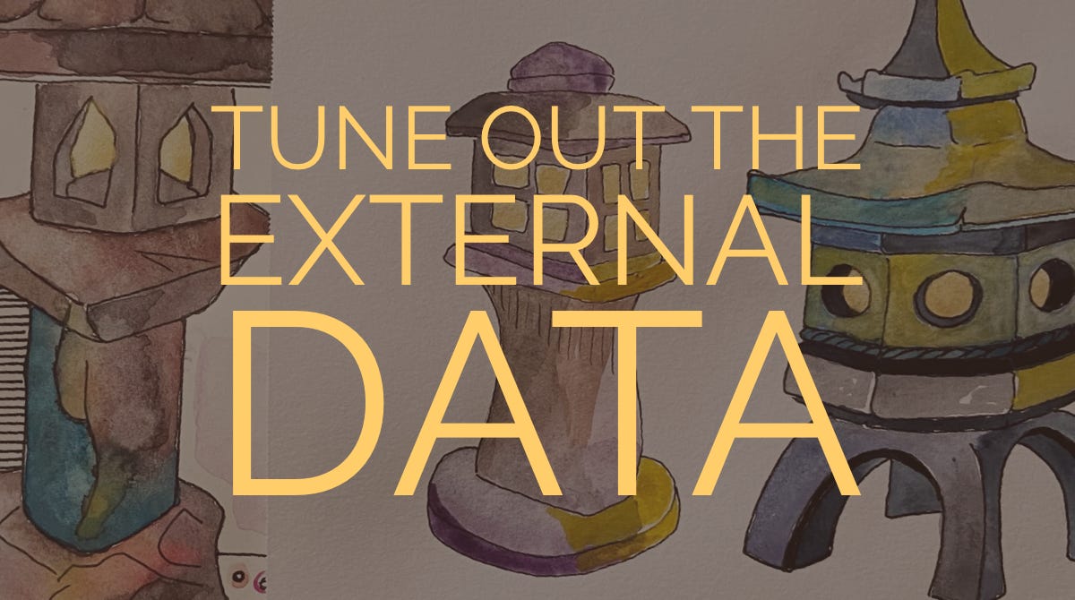 Tune Out the External Data (headline) on top of painted stone lanterns