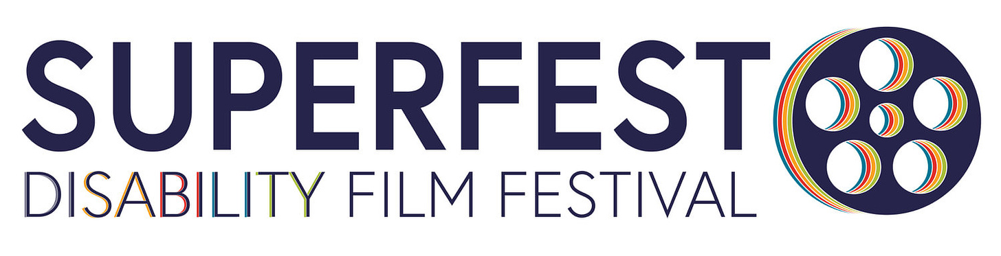The Superfest logo is dark purple text and an icon of a reel of celluloid film.