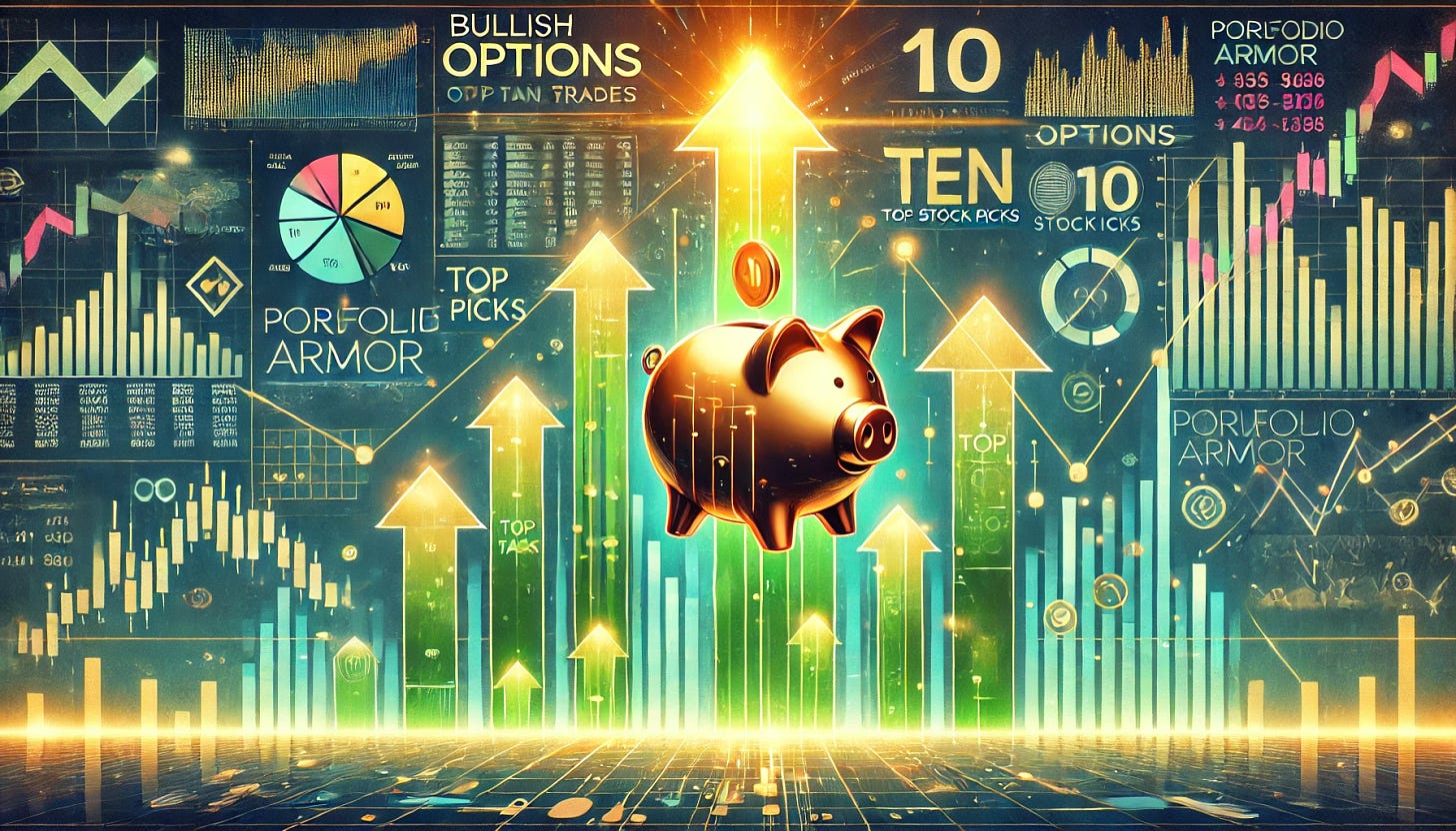 An abstract and visually engaging illustration representing the idea of placing bullish options trades on Portfolio Armor's top ten stock picks. The image features a vibrant upward stock market chart with golden arrows pointing upward to symbolize growth and opportunity. Incorporate the Portfolio Armor piggy bank logo prominently as a central element, surrounded by glowing icons of options contracts and dynamic graphics representing the top ten stocks (e.g., sleek numerical icons with '10' prominently displayed). The background includes a subtle digital-style design with data streams and stock tickers, conveying a sense of analysis and precision. The overall tone is optimistic with shades of green, gold, and blue dominating the palette.