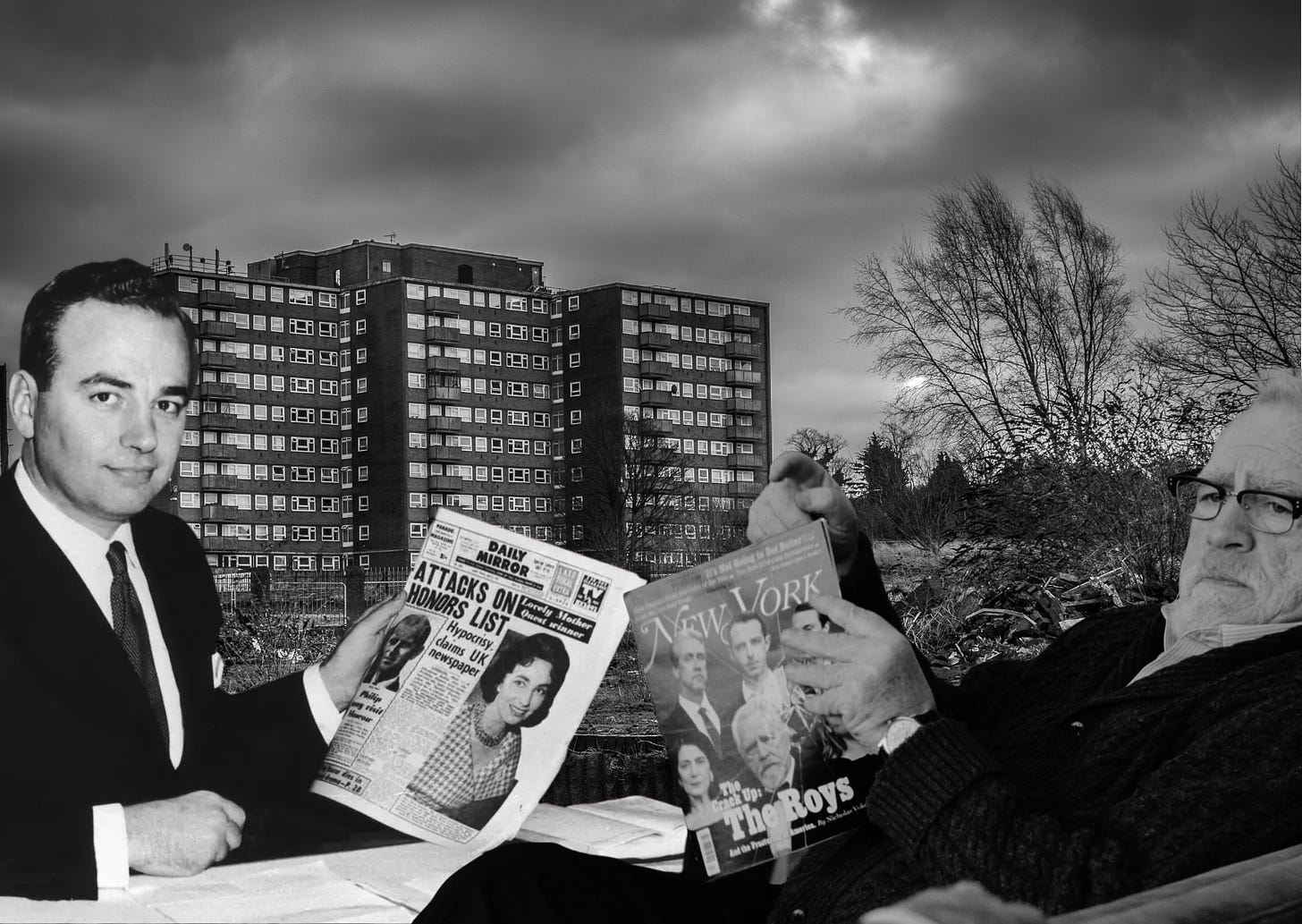 Rupert Murdoch and Logan Roy in an urban wasteland