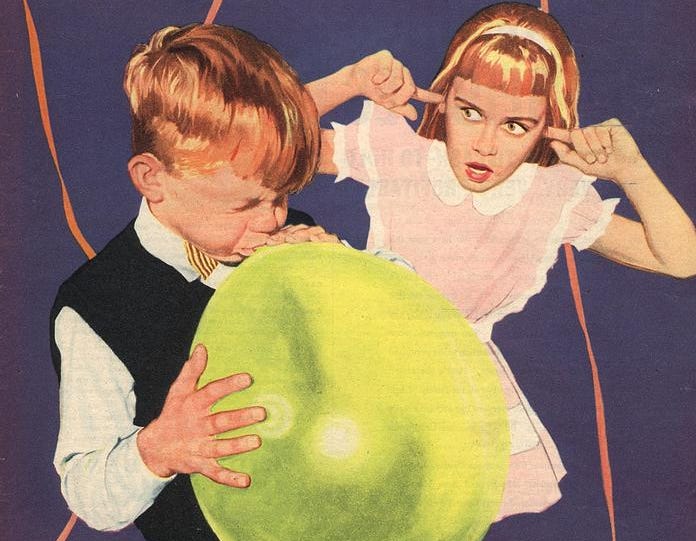 Colour magazine illustration: a boy and girl and mid-century party clothes, the boy blowing up a green balloon to bursting point, the girl with her fingers in her ears