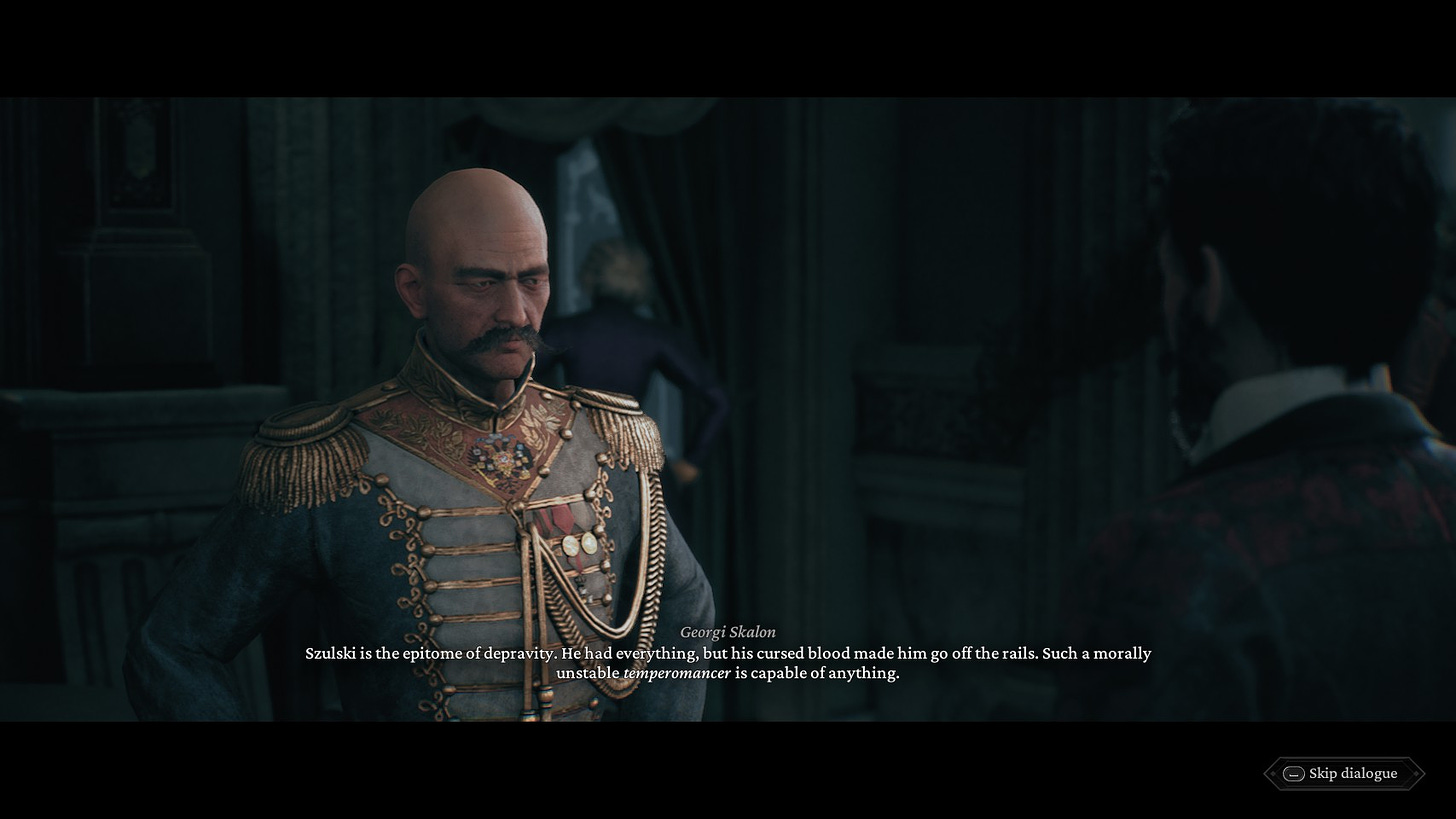 A screenshot of the game The Thaumaturge, showing a dialogue perspective between the main character Wiktor Szulski and a character called Georgi Skalon.