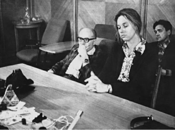 CIA officer Martha Peterson seated beside a U.S. diplomat during an interrogation at KGB headquarters following her arrest in July 1977. Source: "Spycraft" (2009) by Robert Wallace and H. Keith Melton.