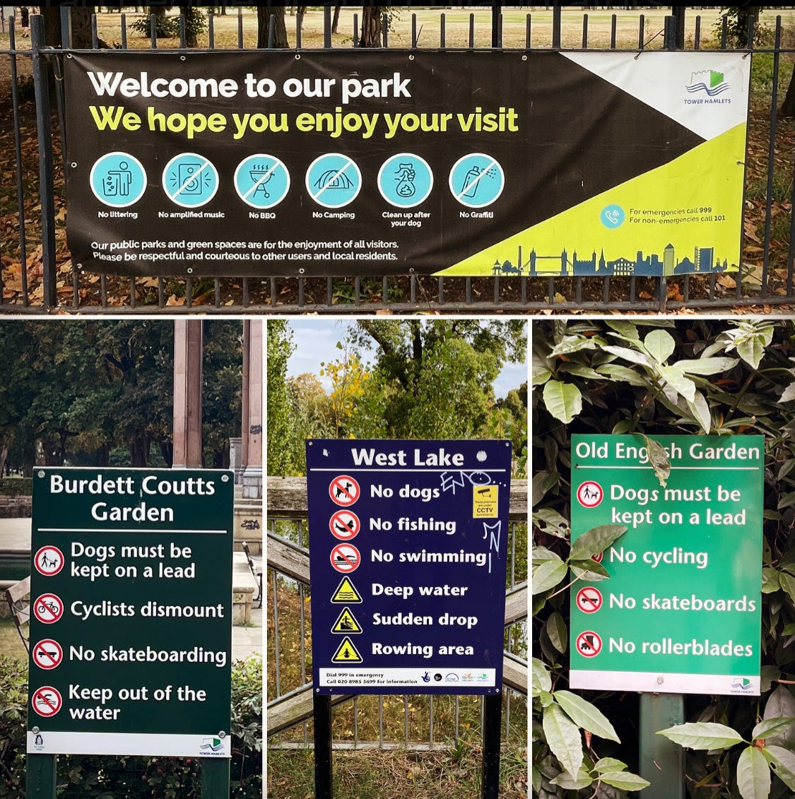 Four signs from Victoria Park in London each listing things you are not allowed to do in the park like cycling, swimming or skateboarding