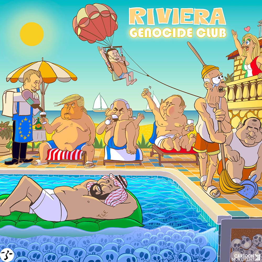 Cartoon showing a holiday resort with a pool filled with skulls. Around the pool, world leaders are lounging. The cartoon has the caption 'Riviera Genocide Club'.