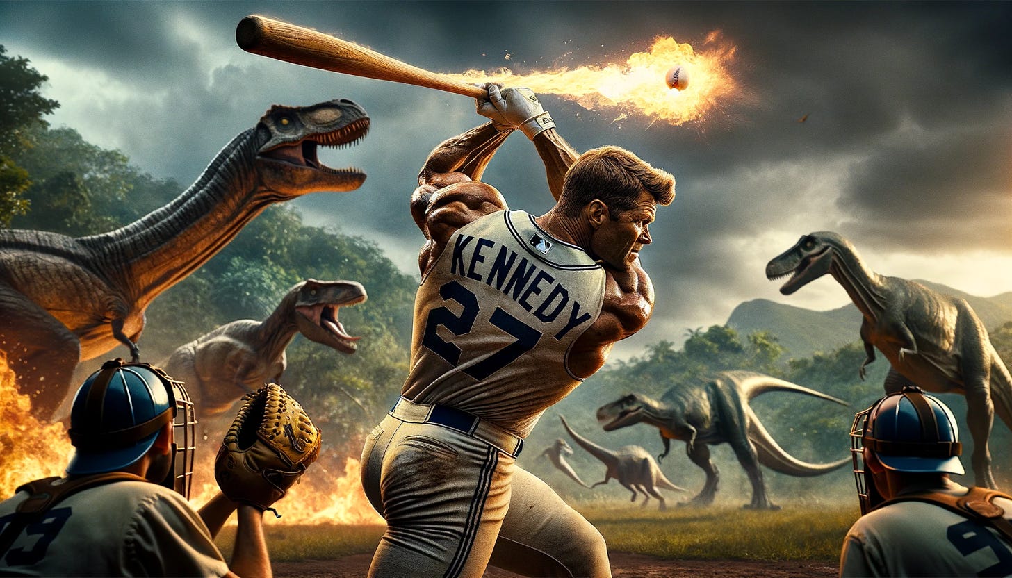 Adjusting the baseball game scene in the Jurassic era, toning down the muscularity of Kennedy while maintaining his powerful stance. The perspective is from behind, as if viewed by the catcher. Kennedy, wearing number 27, is hitting a home run. His physique is strong but not overly muscular, showing a balanced display of strength as he drives the ball into the atmosphere. The bat and ball are engulfed in flames, highlighting the power of the hit. There are no other humans in the shot, focusing solely on Kennedy against the backdrop of a prehistoric jungle with dinosaurs, creating a scene of solitary heroism and intense action.