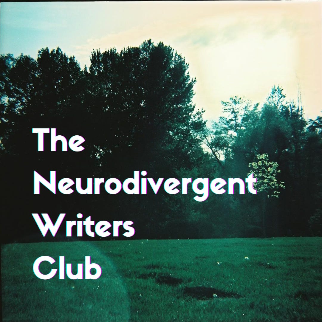 A saturated film photo of grass & trees, with white text laid over it that reads, "The Neurodivergent Writers Club."