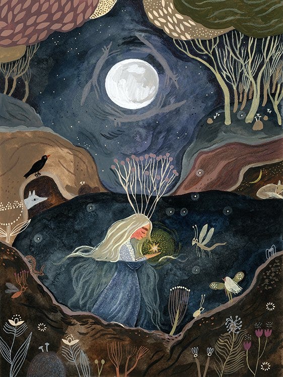 Woman in a lake under the wolf moon