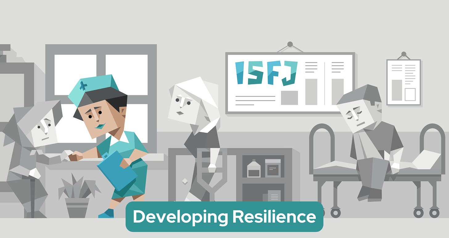 An ISFJ nurse stands in a hospital environment. She wears a teal nurse uniform and cap, holding a clipboard. She is gently holding the hand of an elderly patient walking with a cane. In the background, a woman with crutches walks by, and a man is seated on a hospital bed. To the right, the letters “ISFJ” are prominently displayed on a wall chart.