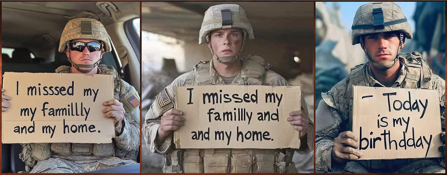 three Facebook posts featuring AI-generated images of soldiers holding cardboard signs with spelling errors