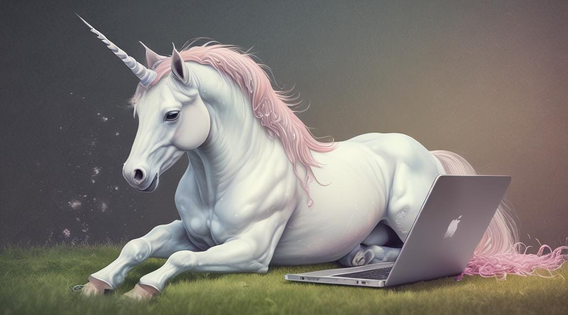 a white unicorn lies on green grass next to a silver laptop