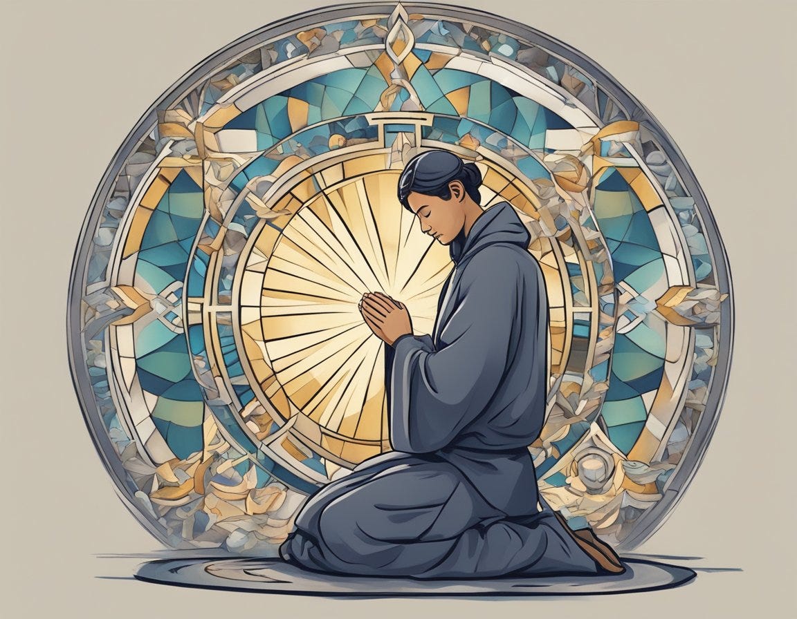 A person kneeling in prayer, surrounded by symbols of fasting and spiritual devotion