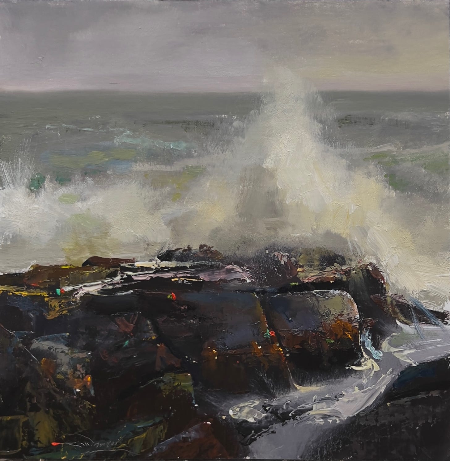 A painting of waves crashing on rocks

Description automatically generated