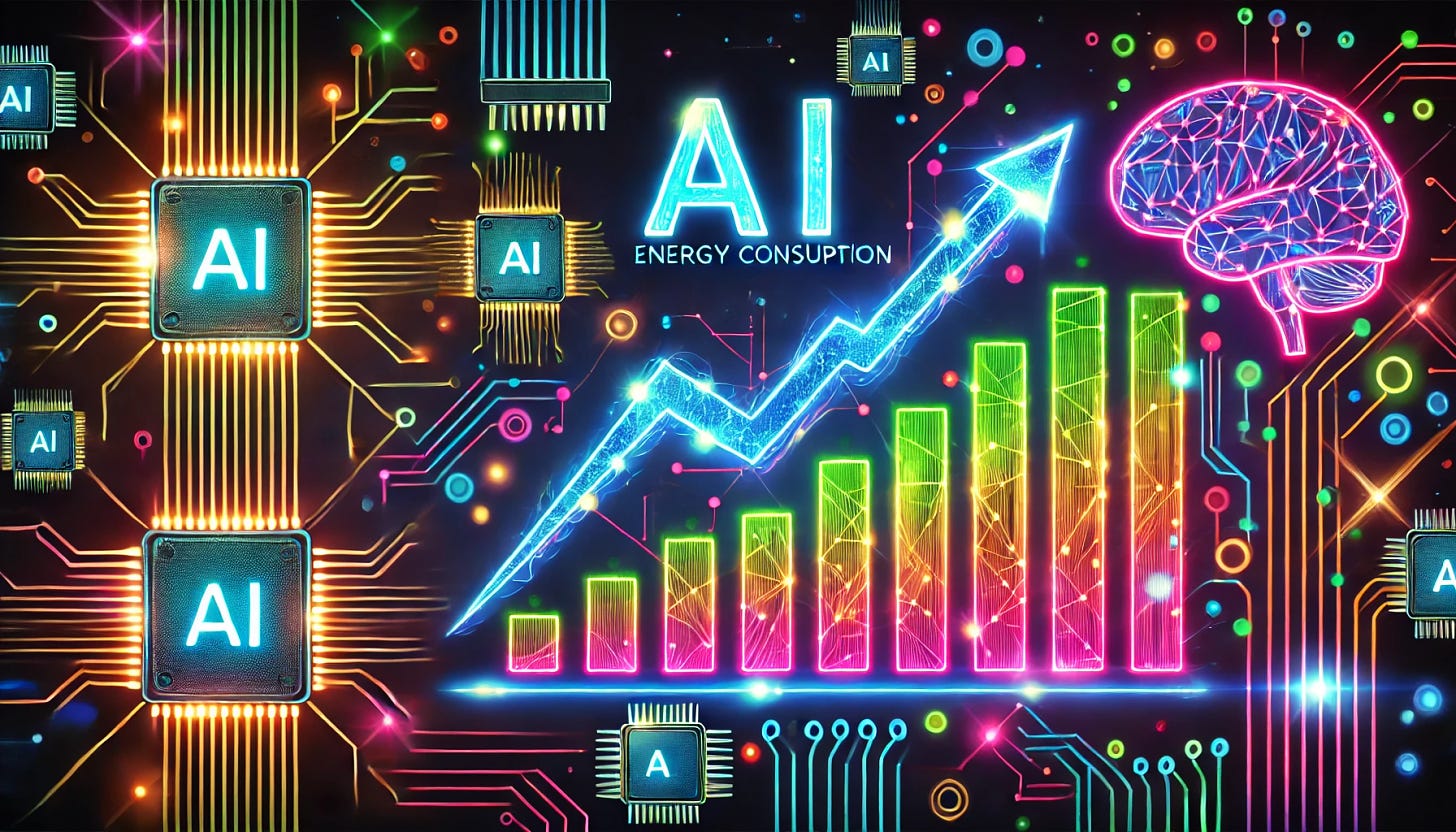 An illustration depicting the increasing energy consumption of AI, using vibrant neon colors. The image features a graph with a steep upward curve, symbolizing the rising energy usage over time. In the background, include neon elements like circuits, computer chips, and data streams to emphasize the tech aspect. Use a dark backdrop to make the neon colors pop, and incorporate elements like glowing lines and digital patterns to give it a futuristic feel.