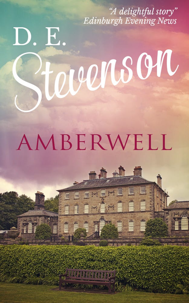 Book cover shows a stone mansion under a vibrant sunset