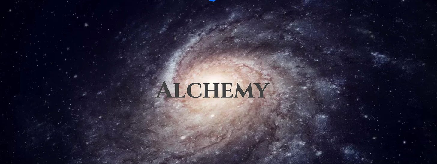 Alchemy: a spiral galaxy glows amidst the black of space. 