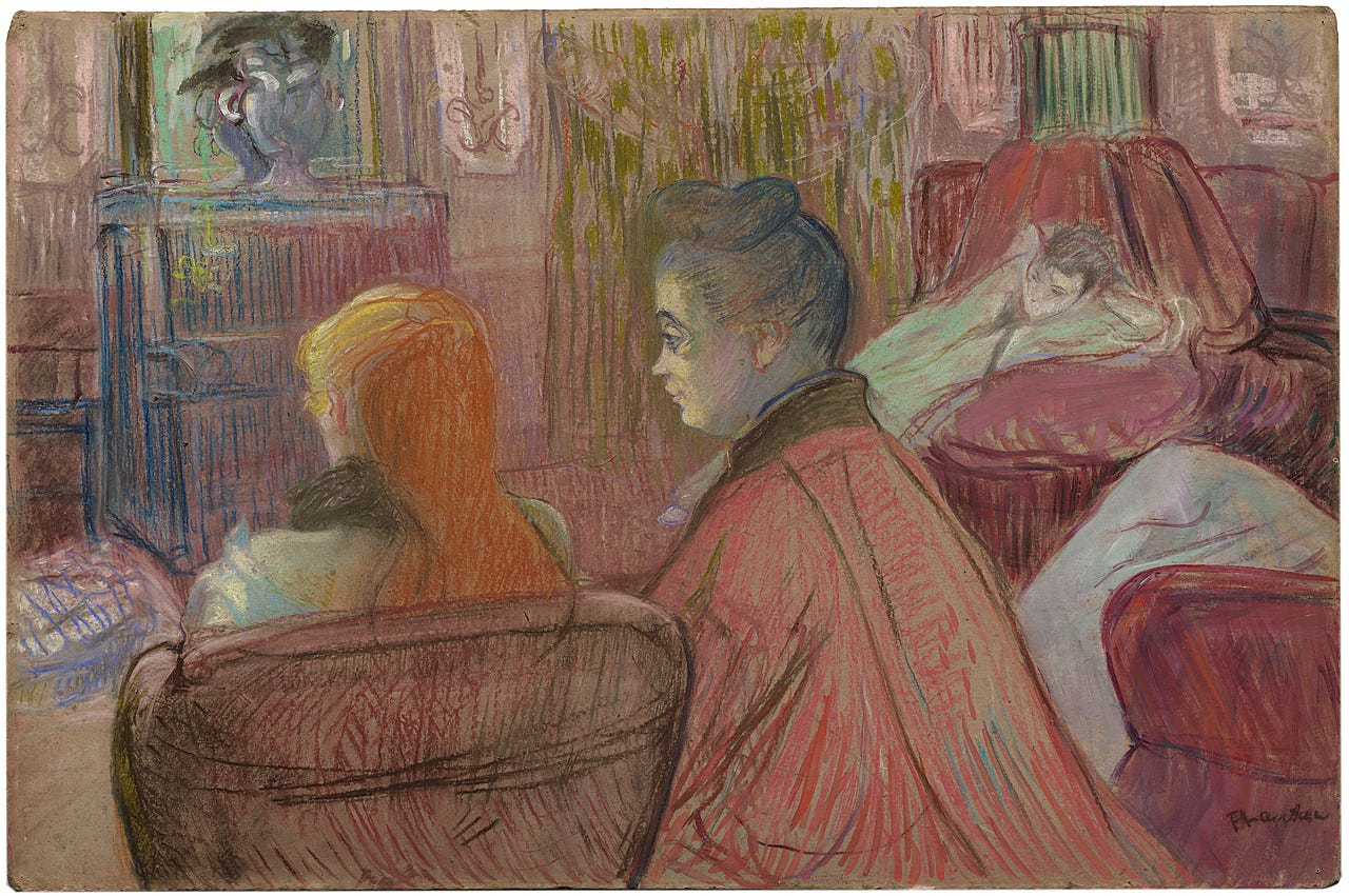 Henri de Toulouse-Lautrec, In the Salon, 1893. Pastel and oil on paperboard, 20 7/8 x 31 3/8 inches (53 x 79.7 cm)