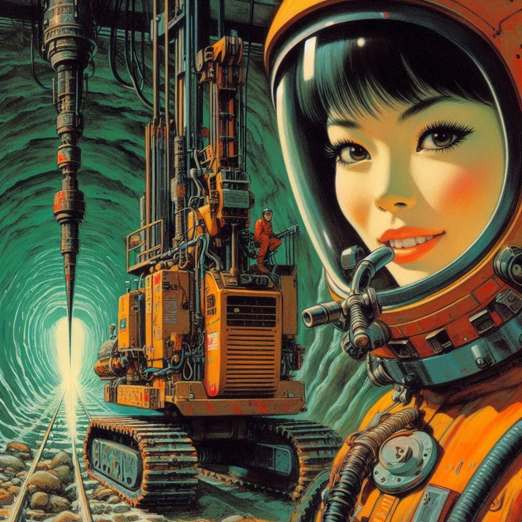 Japanese woman in drilling vehicle underground, 60s sci-fi cover drawing picture