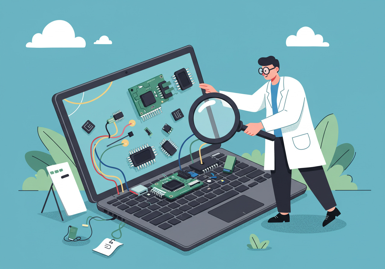 An illustration of a scientist wearing a lab coat and glasses inspecting the internal components of a laptop with a magnifying glass. The laptop's screen and keyboard are shown with exposed microchips, circuits, and wires, representing a conceptual exploration of technology and computer hardware. The background features a simple outdoor setting with clouds and plants.