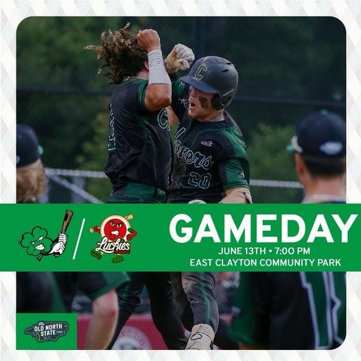 May be an image of 5 people and text that says 'Lucrles GAMEDAY JUNE JUNE13TH 13TH 7:00 PM EAST CLAYTON COMMUNITY PARK OLO OL STe NORTH STATE NM'