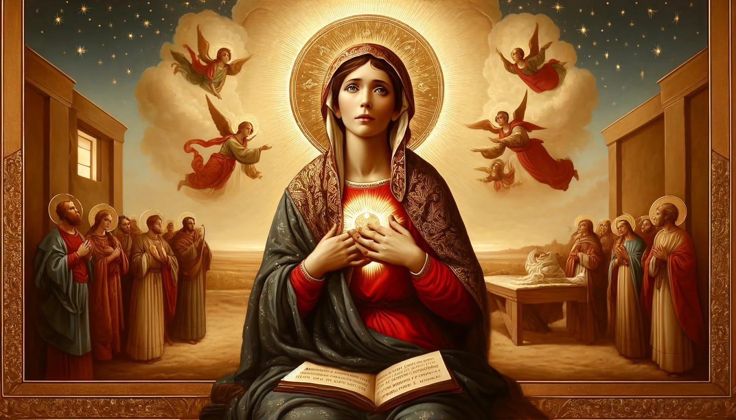 An extremely iconographic scene depicting Mary in traditional, humble attire, with a prominent divine halo around her head, symbolizing her sacred role. She is seated in a modest, serene room, with an aura of holiness. The background features iconic elements like a radiant manger, angels in the sky, shepherds approaching with reverence, and a bright, guiding star illuminating the scene. Mary is shown with a serene, contemplative expression, hands held close to her heart, embodying profound spiritual reflection and faith. The overall style should be reminiscent of classic religious icons, with a strong sense of reverence and divine presence.