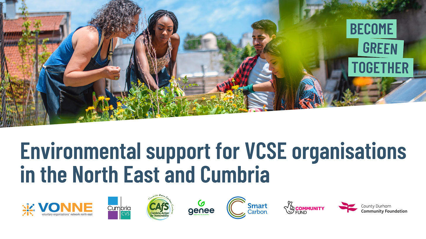 Image of people tending a community garden. Below text: Environmental support for VCSE organisations in the North East and Cumbria.