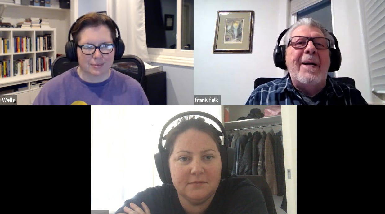 Image description: a screenshot from Zoom with Chris, Frank, and Emma recording episode 5.
