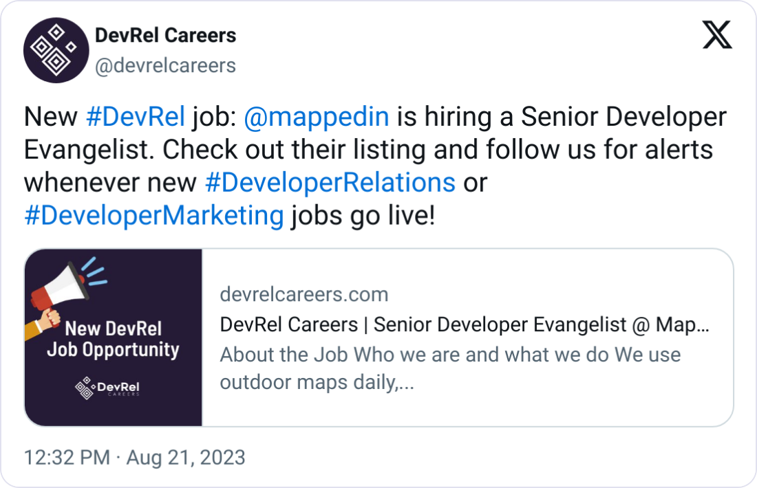 DevRel Careers @devrelcareers New #DevRel job:  @mappedin  is hiring a Senior Developer Evangelist. Check out their listing and follow us for alerts whenever new #DeveloperRelations or #DeveloperMarketing jobs go live!
