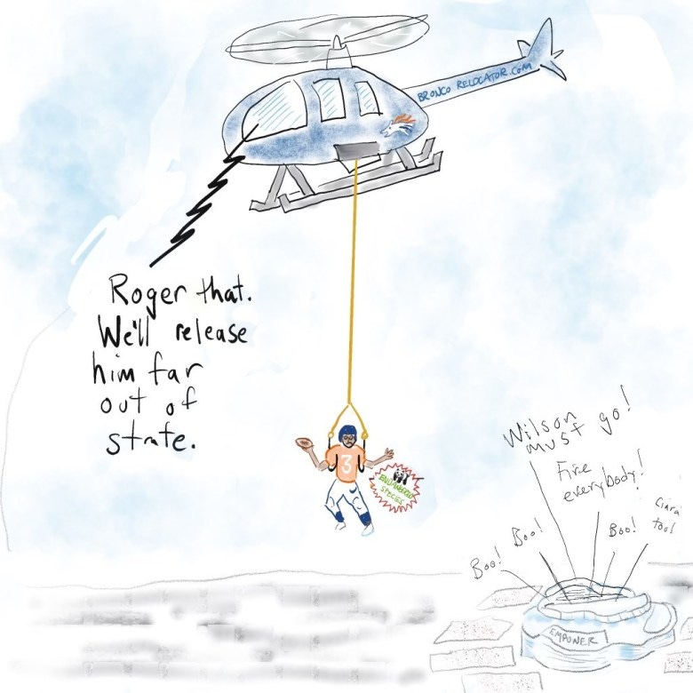 A drawing of Denver Broncos quarterback Russell Wilson being airlifted from the city