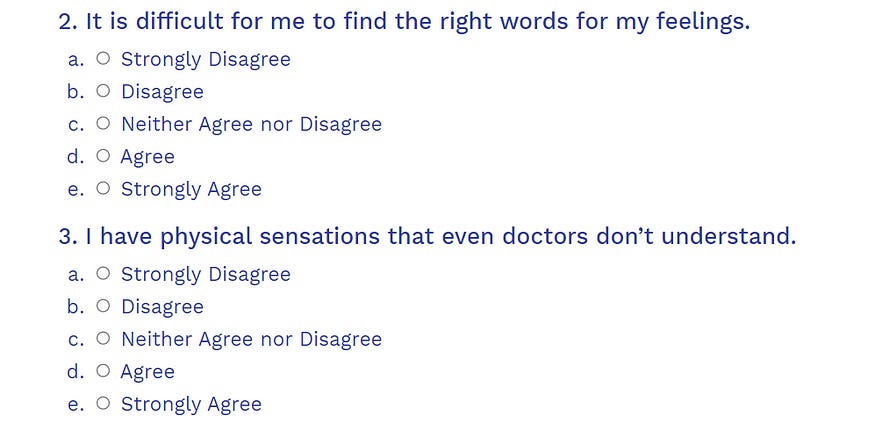 Two Likert-style survey questions. “It is difficult for me to find the right words for my feelings.” and “I have physical sensations that even my doctors don’t understand.” Beneath each item are five response options, ranging from strongly disagree to strongly agree, with neither agree nor disagree in the middle.