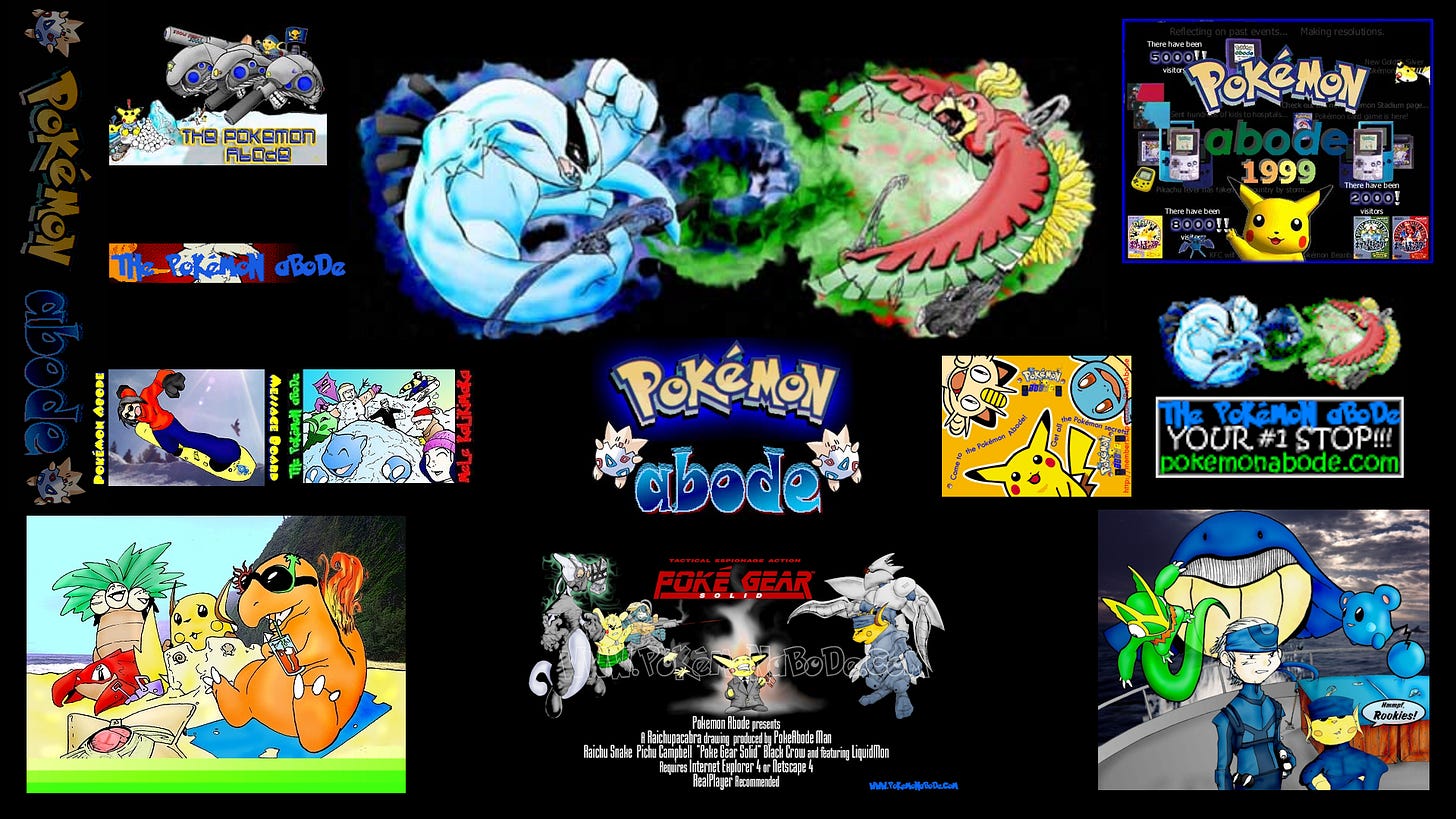 A selection of banners and media from Pokémon Abode’s history, between 1998–2001