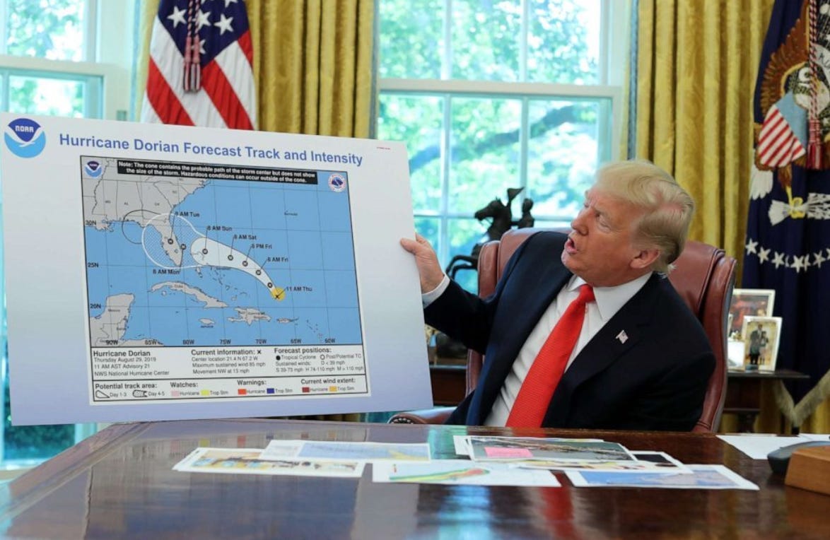Former President Donald Trump receives a Hurricane Dorian briefing in the Oval Office on Sept. 4, 2019 / Jonathan Ernst for Reuters Former President Donald Trump receives a Hurricane Dorian briefing in the Oval Office on Sept. 4, 2019 / Jonathan Ernst for Reuters