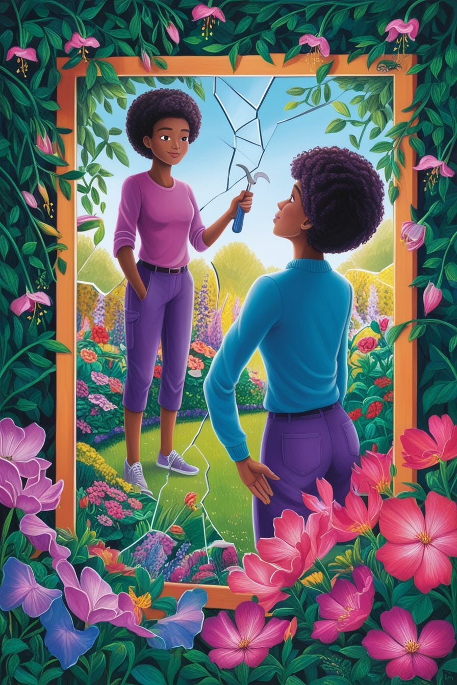 Imagine a vibrant and captivating painting depicting a person standing confidently in a garden, now flourishing under their care. The empowered individual holds a small, delicate pruning tool, symbolizing their newfound agency and control over their life. They gaze introspectively at the mirror in front of them, reflecting on past choices and growth. As they do, cracks in the mirror begin to mend, representing the healing of past wounds and self-awareness. Vibrant flowers bloom around them, signifying the beauty that arises from taking responsibility and ownership. Petals and leaves intricately weave together, forming a tapestry of growth and self-awareness. The image exudes a sense of empowerment, encouraging viewers to take intentional steps to nurture their own "garden" with care and purpose.