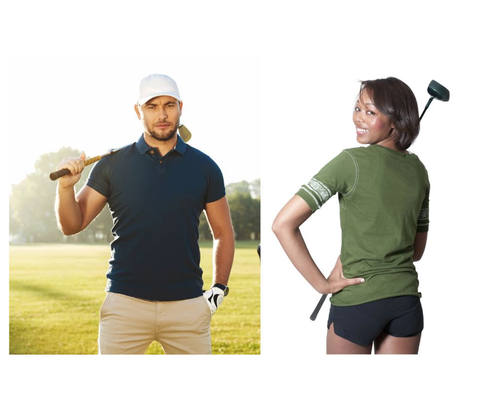 Man in blue shirt, white cap with golf club and woman with club, green shirt, dark shorts smiling