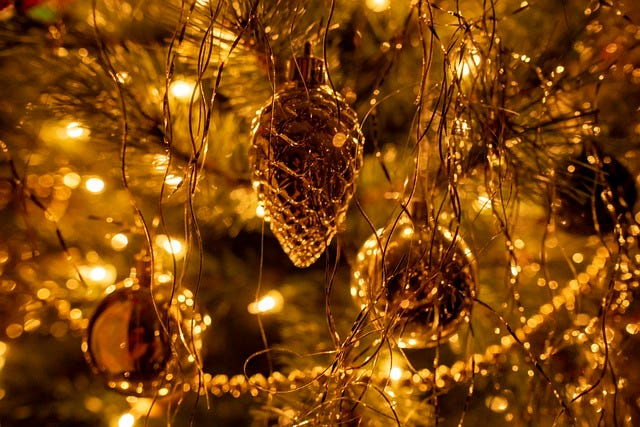 Close up photo of baubles on Christmas tree