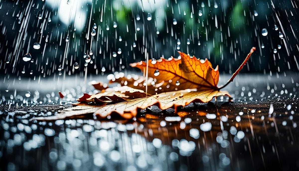 A falling leaf in a rain shower