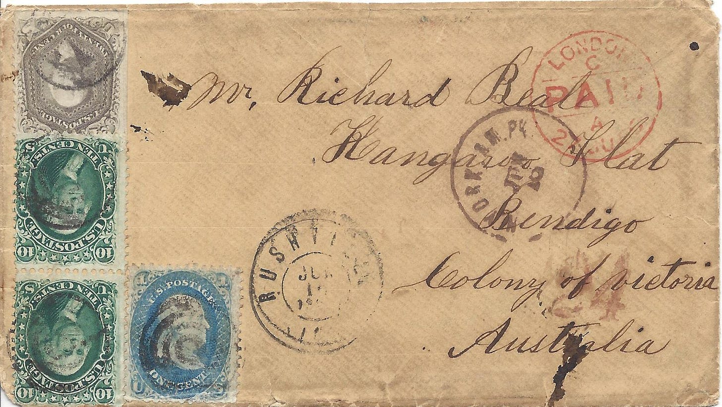 1866 cover from the US to Australia