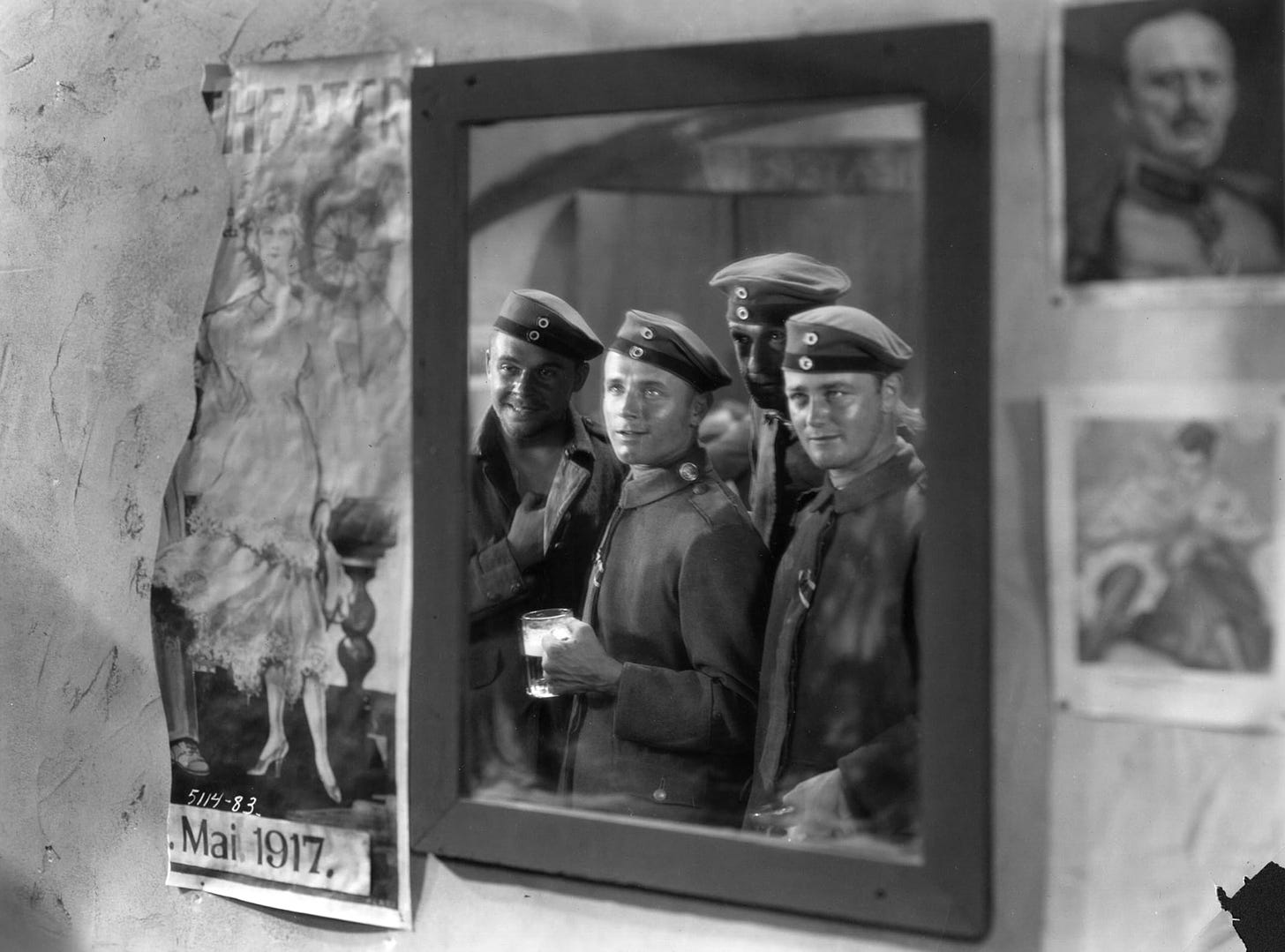 Scott Kolk, William Bakewell, Slim Summerville, and Lew Ayres in a scene from All Quiet on the Western Front