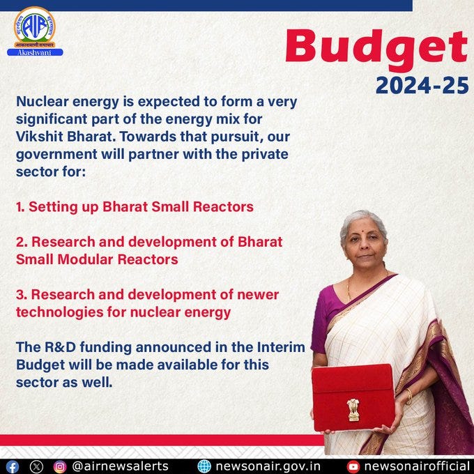Presentation of the Union Budget 2024-25 by Hon'ble Finance Minister @nsitharaman. #UnionBudget2024 । #Budget2024onAkashvani । #Budget2024 

◾️FM #NirmalaSitharaman: "Nuclear energy is expected to form a very significant part of the energy mix for Vikshit Bharat. Towards that pursuit, our government will partner with the private sector for :

1. Setting up Bharat Small Reactors.
2. Research and development of Bharat Small Modular Reactors.
3. Research and development of newer technologies for nuclear energy.

The R&D funding announced in the Interim Budget will be made available for this sector as well."