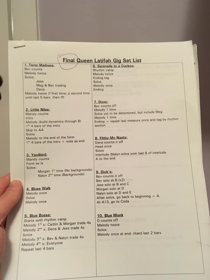 Printed set list entitled Final Queen Latifah Gig Set List