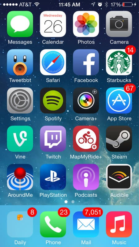 An iphone home screen image with 7,051 unread emails, 23 unanswered phone calls, and battery at 17%.