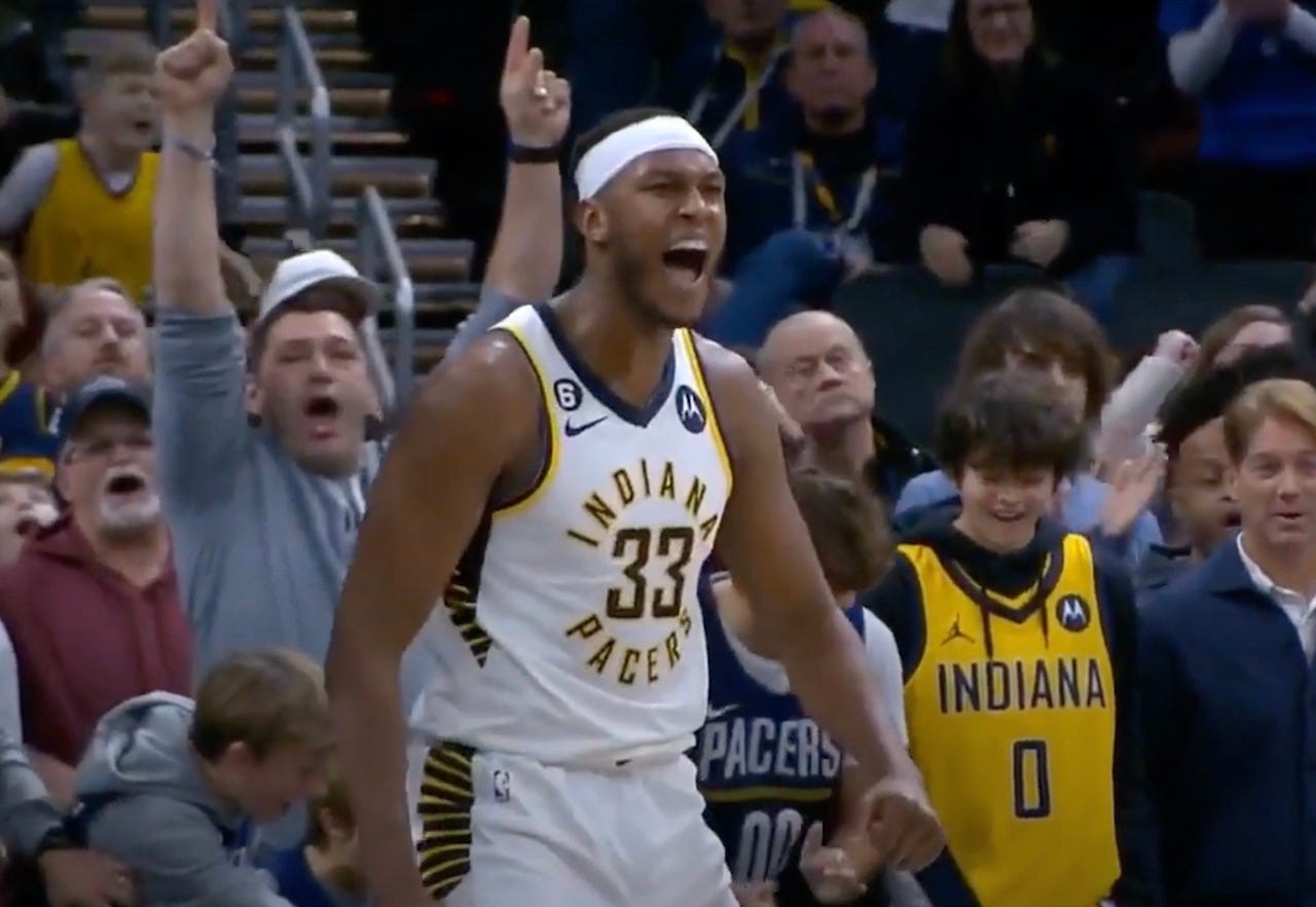 Myles Turner celebrates his rejection of Mason Plumlee to beat the Charlotte Hornets.