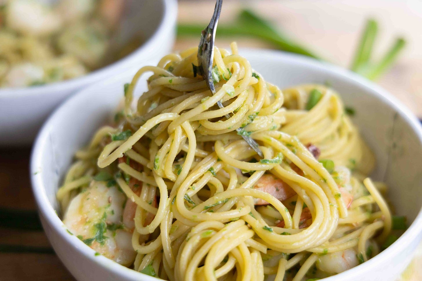 miso noodles with shrimp and green onion pesto