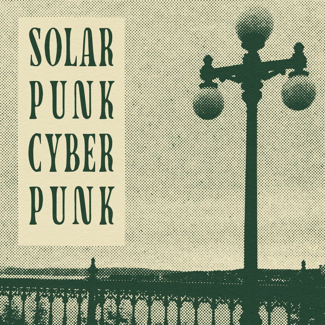A halftone photo of the view of the St. Lawrence River seen from the Quebec city boardwalk, with the words "solarpunk cyberpunk." (Listen it doesn't have to make sense, it looks nice.)